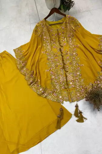 Mustard faux georgette embroidered palazzo set