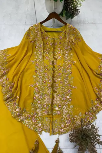 Mustard faux georgette embroidered palazzo set