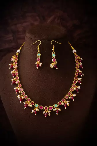 gold plated red beaded choker set