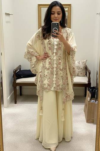 Off white faux georgette embroidered palazzo set