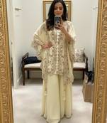 Off white faux georgette embroidered palazzo set