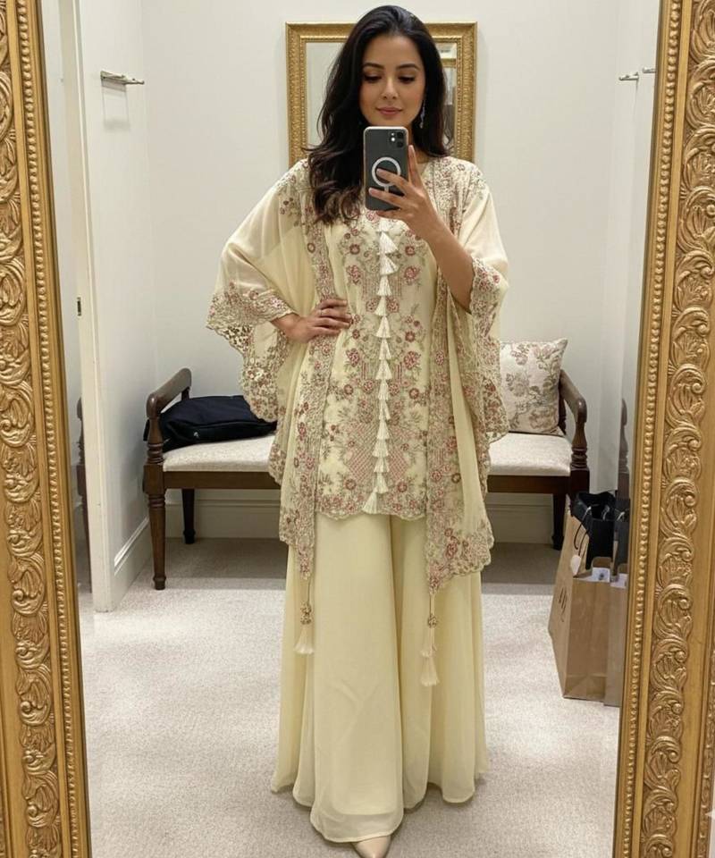 Off white faux georgette embroidered palazzo set