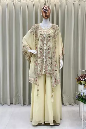Off white faux georgette embroidered palazzo set