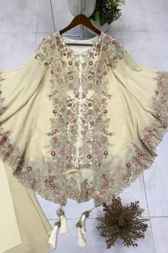 Off white faux georgette embroidered palazzo set