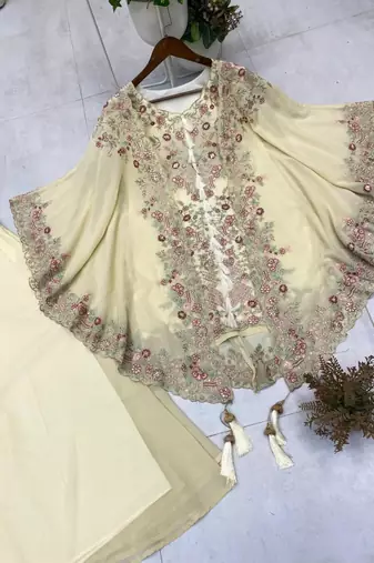Off white faux georgette embroidered palazzo set