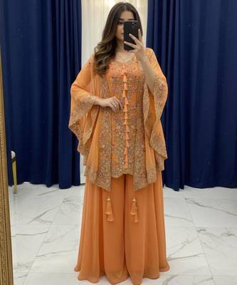 Orange faux georgette embroidered palazzo set 1