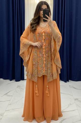 Orange faux georgette embroidered palazzo set