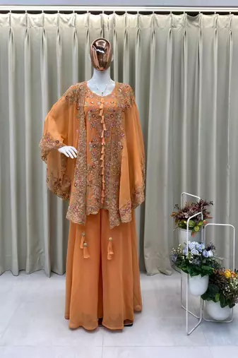 Orange faux georgette embroidered palazzo set