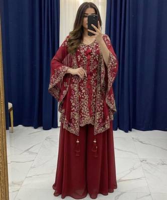 Red faux georgette embroidered palazzo set 1