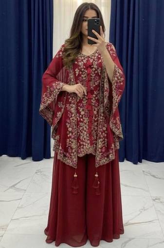 Red faux georgette embroidered palazzo set