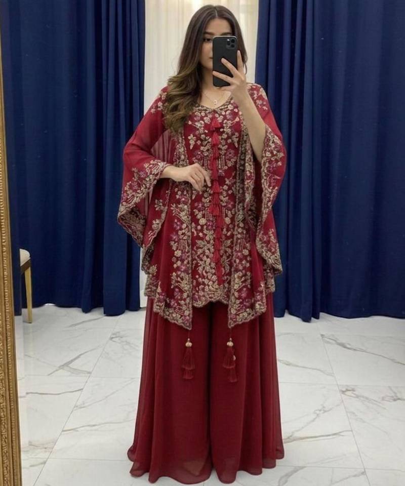 Red faux georgette embroidered palazzo set