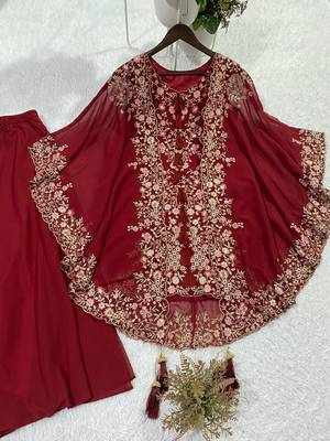 Red faux georgette embroidered palazzo set 2