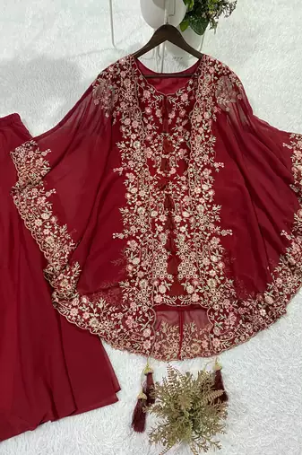 Red faux georgette embroidered palazzo set