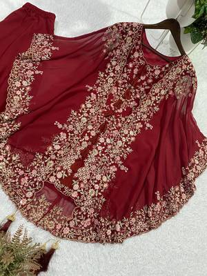 Red faux georgette embroidered palazzo set 3