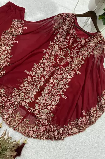 Red faux georgette embroidered palazzo set