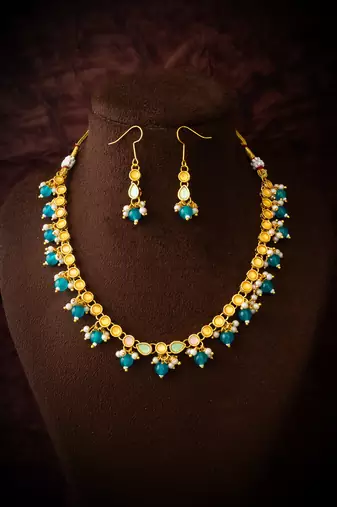 gold plated green beaded necklace set