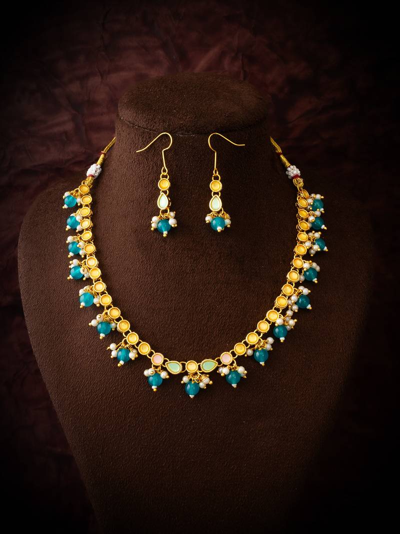 gold plated green beaded necklace set