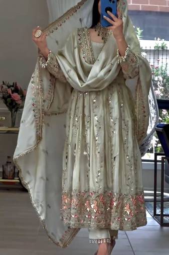 Off white silk blend embroidered gown set