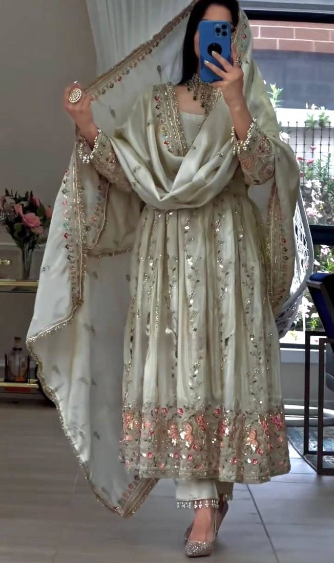 Off white silk blend embroidered gown set
