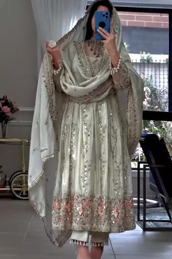 Off white silk blend embroidered gown set