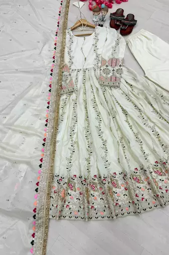 Off white silk blend embroidered gown set