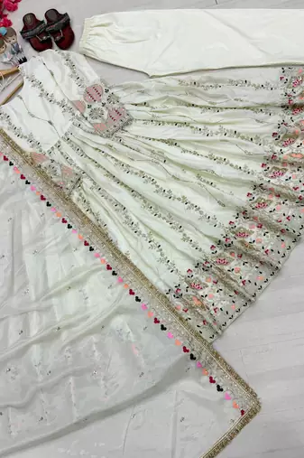 Off white silk blend embroidered gown set