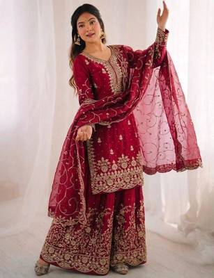 Red silk blend embroidered sharara set 1