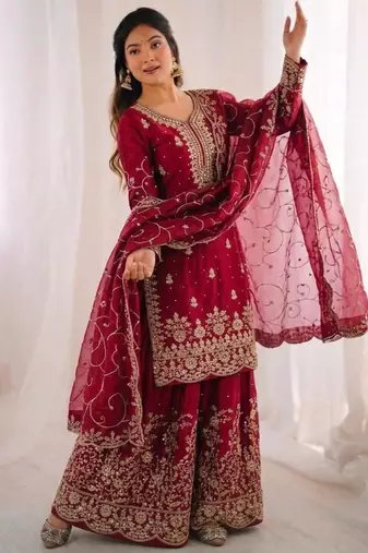 Red silk blend embroidered sharara set