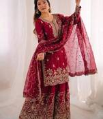 Red silk blend embroidered sharara set