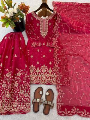Red silk blend embroidered sharara set 2