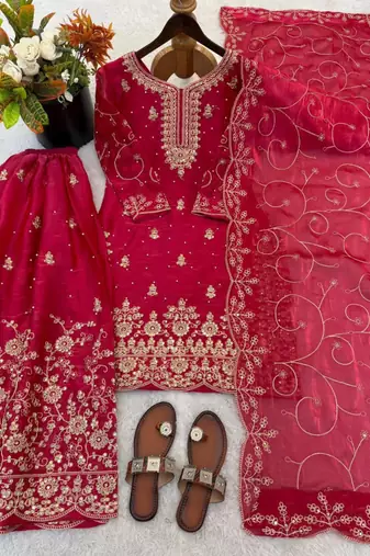 Red silk blend embroidered sharara set