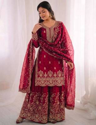 Red silk blend embroidered sharara set 3