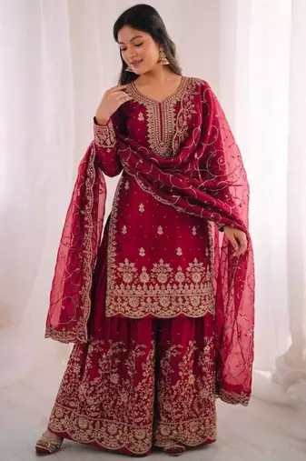 Red silk blend embroidered sharara set
