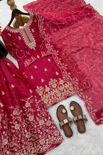 Red silk blend embroidered sharara set