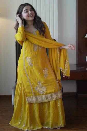 Yellow faux georgette embroidered gharara set