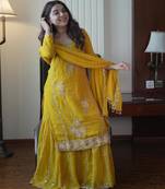 Yellow faux georgette embroidered gharara set