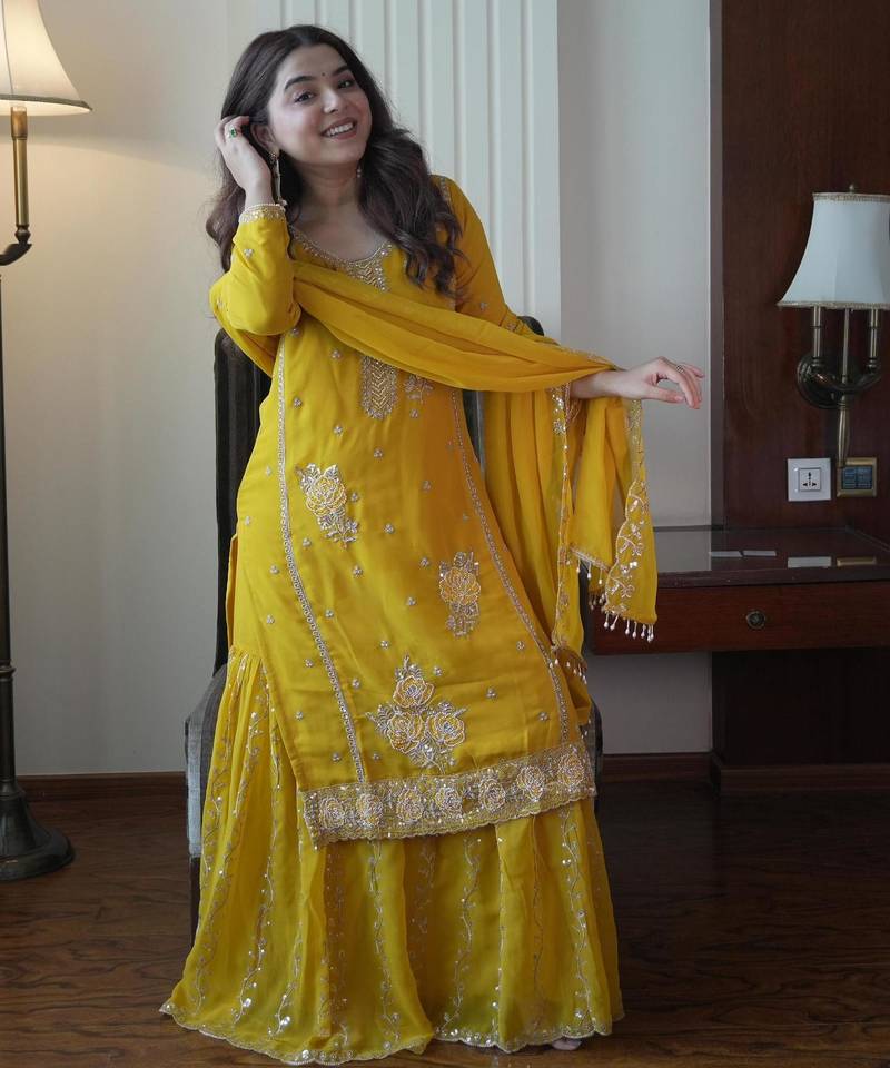 Yellow faux georgette embroidered gharara set