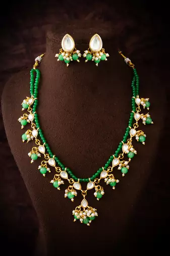 gold plated green beads necklace set