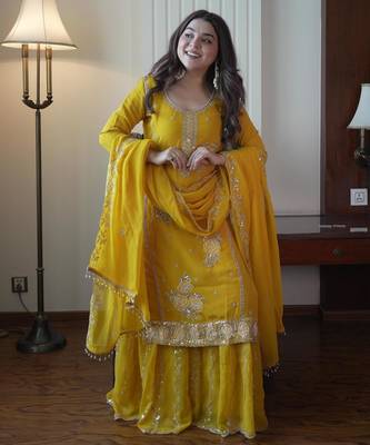 Yellow faux georgette embroidered gharara set 2