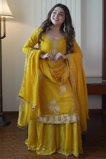Yellow faux georgette embroidered gharara set