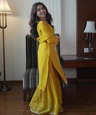 Yellow faux georgette embroidered gharara set 3