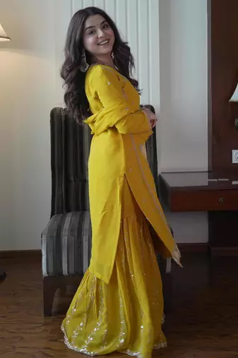 Yellow faux georgette embroidered gharara set