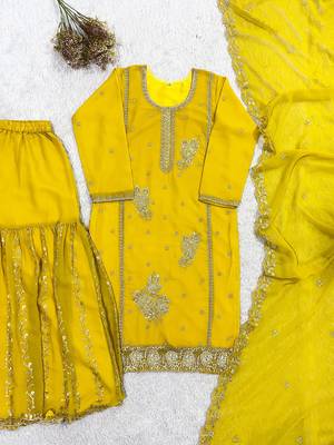 Yellow faux georgette embroidered gharara set 4