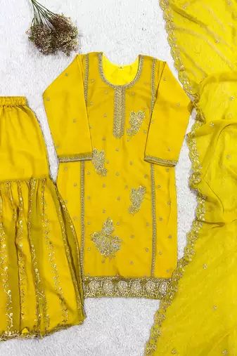 Yellow faux georgette embroidered gharara set