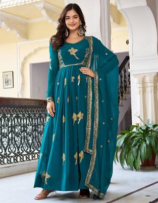 Teal green faux georgette thread gown set 1