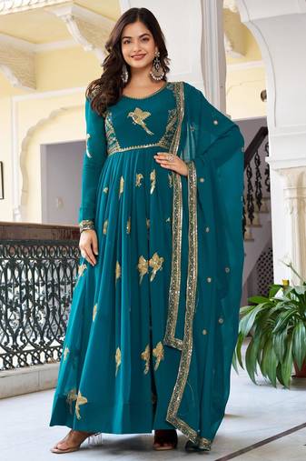Teal green faux georgette thread gown set
