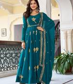 Teal green faux georgette thread gown set