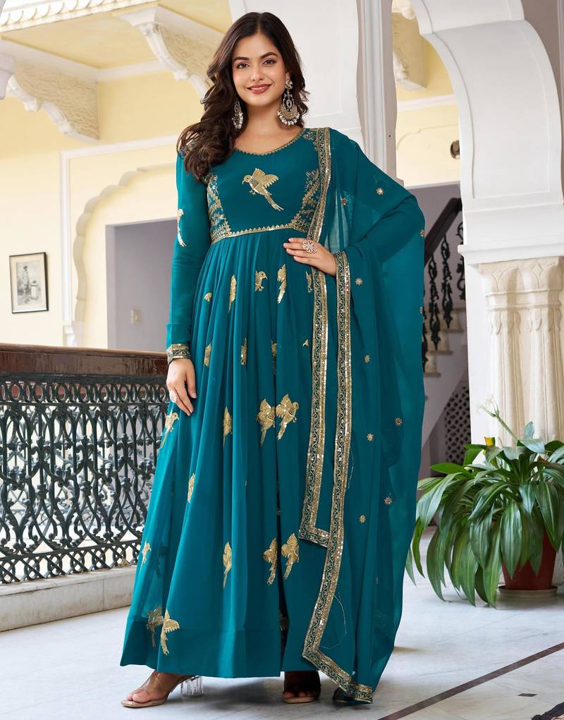 Teal green faux georgette thread gown set