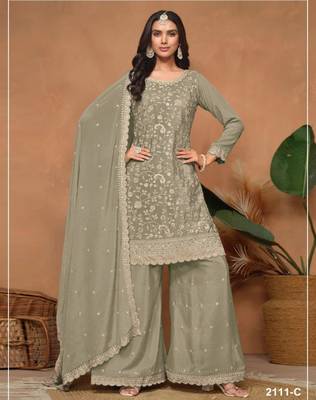 Olive silk blend embroidered sharara set 1