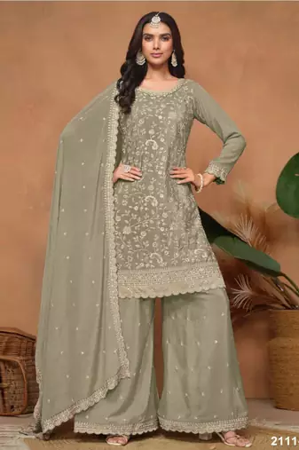 Olive silk blend embroidered sharara set